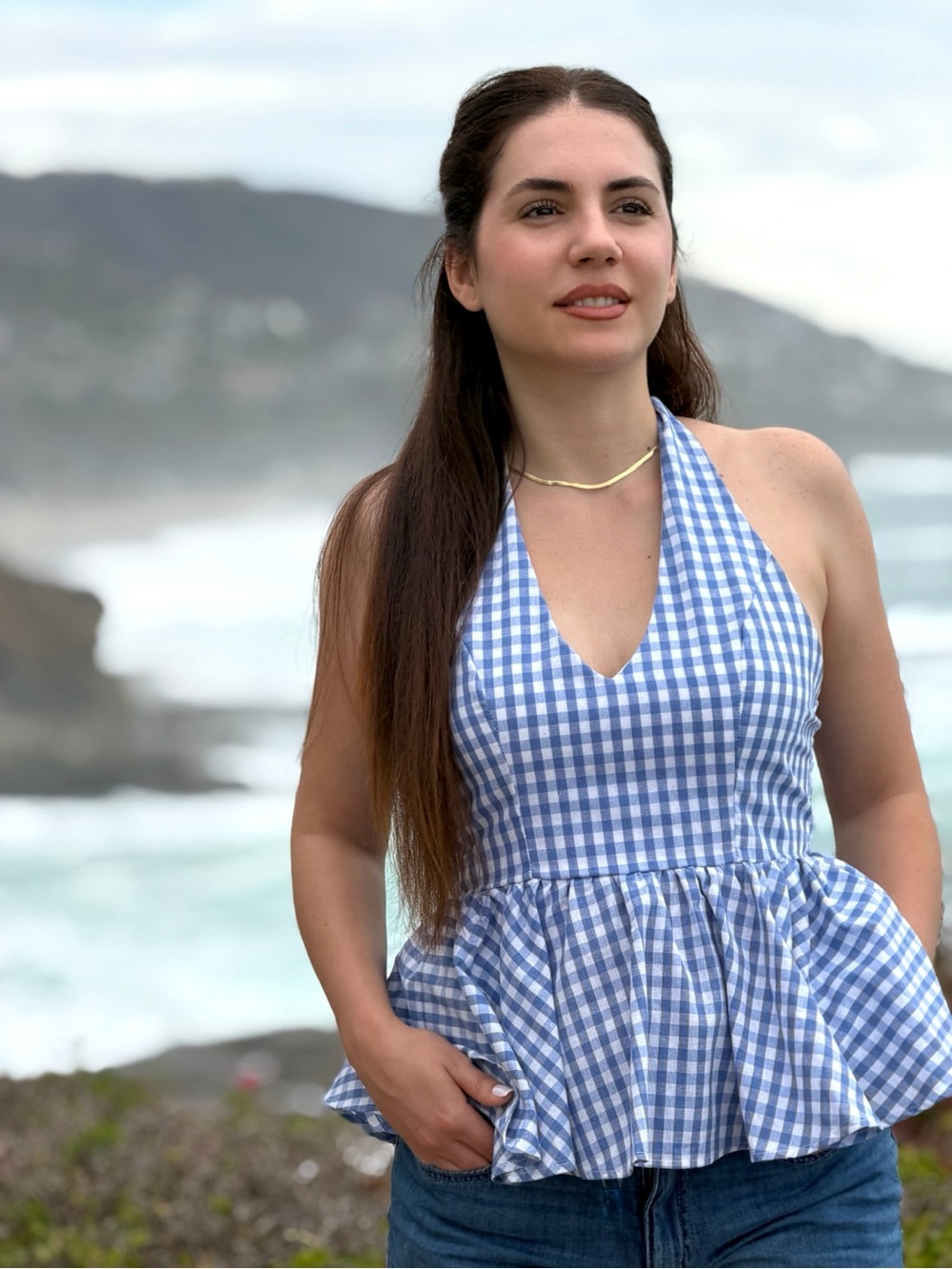 Blue Gingham Halter Peplum Top